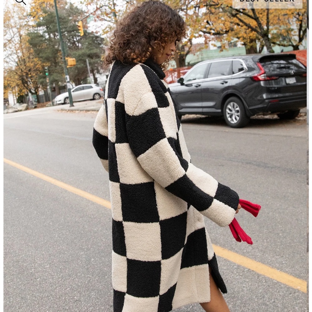 Checkered Black and Cream Women Sweater Coat